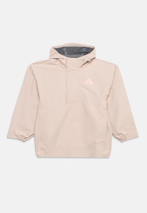 Svijetloruža jakna s kapuljačom, prednjim džepom, elastičnim manžetnama i malim Adidas logom na prsima.