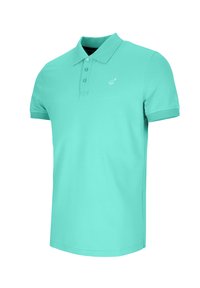 Türkises Polo-Shirt aus Baumwolle, mit einer Dreiknopf-Leiste, kurzen Ärmeln und einem kleinen Logo auf der Brust. Glatte Textur.