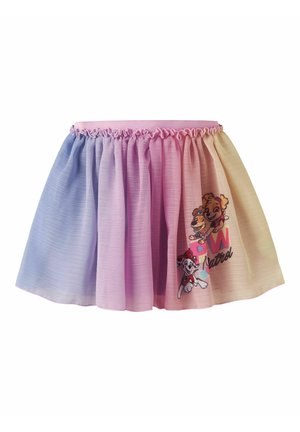 Jupe enfant avec ceinture élastique, panneaux arc-en-ciel pastel et impressions des personnages de Paw Patrol sur le côté droit.