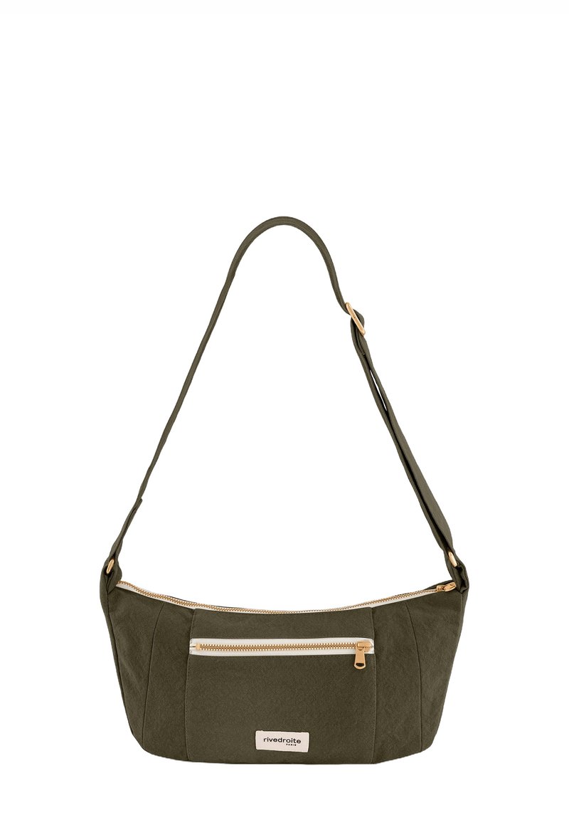 Sac bandoulière vert olive en tissu texturé, doté d'une poche avant zippée, de ferrures dorées et d'une sangle ajustable fine.