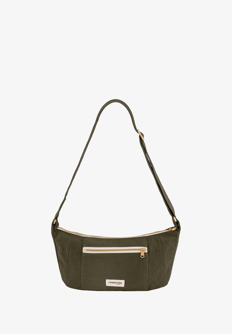 Sac bandoulière vert olive en tissu texturé, doté d'une poche avant zippée, de ferrures dorées et d'une sangle ajustable fine.