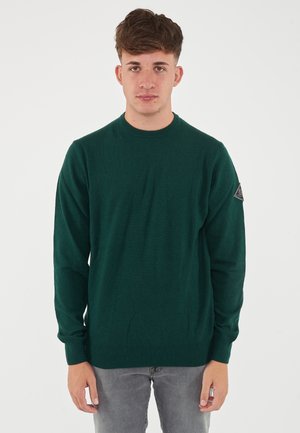 Grøn strikket sweater med lange ærmer og rund halsudskæring. Har en tekstureret overflade og en lapdekoration på venstre skulder.