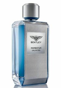 Bentley Momentum Unlimited parfym i en klar glasflaska med blå vätska, strukturerad silverlock, och silveretikett med logotyp och text.