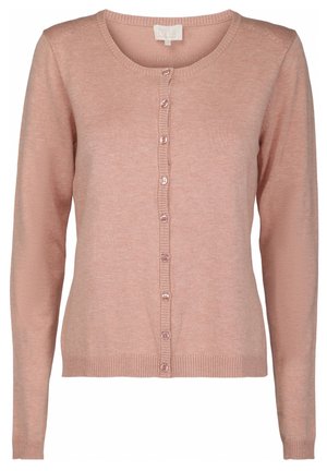 Lyserød cardigan lavet af blødt stof, med rund halsudskæring, lange ærmer og knaplukning foran. Ribbet kant og manchetter.