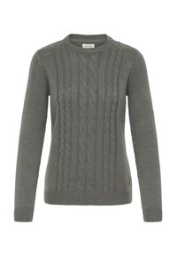 Gray cable-knit sweater with a round neckline, ribbed cuffs, and hem. Features a textured pattern and a small logo patch at the bottom.
