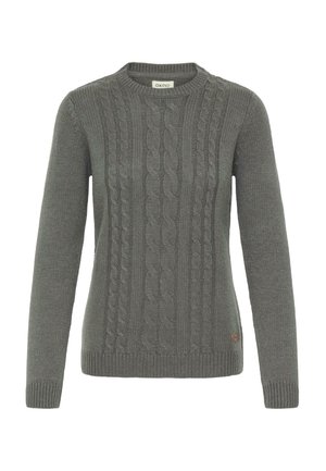 Pull en tricot gris avec un col rond, des poignets et un ourlet côtelés. Présente un motif texturé et une petite patch logo en bas.
