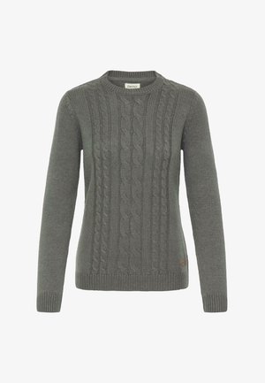 Pull en tricot gris avec un col rond, des poignets et un ourlet côtelés. Présente un motif texturé et une petite patch logo en bas.