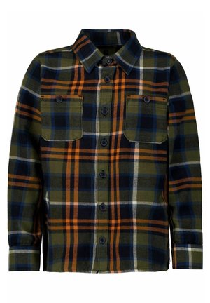 Langærmet skjorte med knapper, i ternet mønster i grøn, marineblå, orange og hvid, med to brystlommer med knapper.