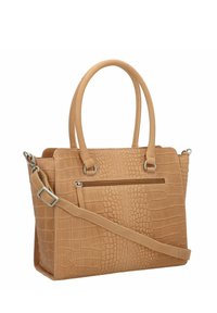 Beżowa torebka z ekoskóry w krokodyli wzór, z podwójnymi uchwytami u g�óry, regulowanym paskiem na ramię i przednią kieszenią na zamek.