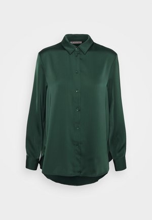 Green satin long-sleeve shirt featuring a pointed collar, full button placket, and curved hem, with cuffs at the wrists. Smooth texture.