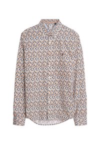 Lange mouwen shirt in lichtgrijs, met een dichte bloemenprint in oranje en donkerblauw, voorzien van een puntige kraag en knoopsluiting.