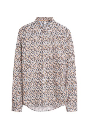 Chemise à manches longues en gris clair, ornée d'un motif floral dense en orange et bleu foncé, avec un col pointu et une fermeture à boutons.