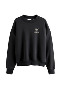 Sort sweatshirt med rund halsudskæring, sænkede skuldre, ribbede ærmekanter og kant forneden. Har en lille grafik af en kranium og krydsede knogler på brystet.
