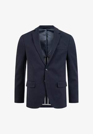 Navy blue men's blazer with two buttons, notch lapels, flap pockets, chest pocket, and partially visible striped inner lining.