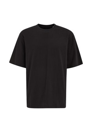 Must musta lühikese varrukaga ümarakaelusega T-särk, millel on lõdvestunud lõige ja lihtne disain, valgel taustal.