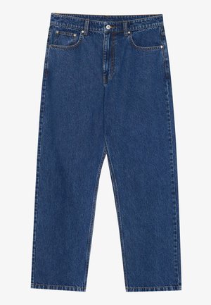 Jeans dżinsowe w ciemnoniebieskim kolorze, z prostą nogawką, przednimi kieszeniami oraz zapięciem na guziki z kontrastowym szwem.