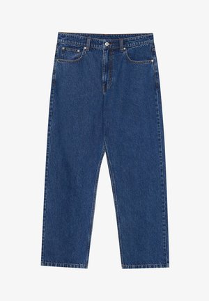 Jeans en denim bleu foncé, avec une coupe droite, des poches avant et une braguette à bouton avec des coutures contrastées.