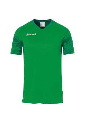 Grøn træningsshirt lavet af glat stof med korte ærmer, med en v-halskrave og et tekstureret mønster på ærmerne. Logo foran.