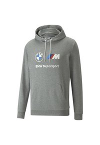 Grijze hoodie met een trekkoord capuchon, kangoeroezak en rib gebreide manchetten. Voorzien van het BMW Motorsport-logo en M-streep grafiek op de voorkant.