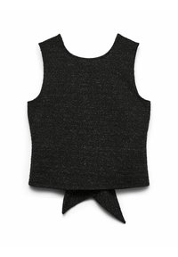 Melnas krāsas bezroku tops no teksturētas auduma, ar mezgla detaļu aizmugurē un gludu, strukturētu kakla izgriezumu.