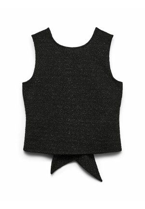 Melnas krāsas bezroku tops no teksturētas auduma, ar mezgla detaļu aizmugurē un gludu, strukturētu kakla izgriezumu.