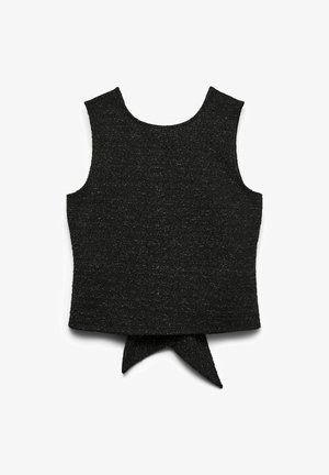 Czarny bezrękawnik wykonany z teksturowanej tkaniny, z wiązaniem z tyłu i gładkim, strukturalnym dekoltem.