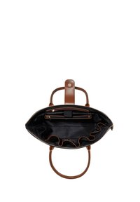 Borsa a mano in pelle marrone con interno nero, chiusura con zip e doppi manici. Presenta molteplici tasche e un rivestimento arricciato.