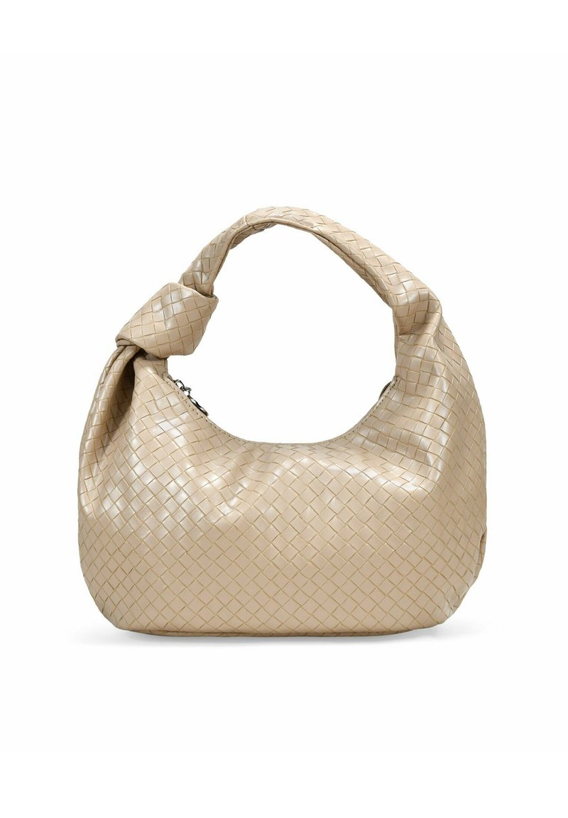 Bolso beige de tejido con un asa retorcida, textura de cuero suave y forma redondeada. Presenta un cierre de cremallera en el borde superior.