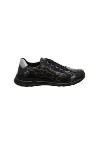 Black low-top sneaker with lace-up front, glossy leopard print pattern, and silver accent on the heel, featuring a thick rubber sole.