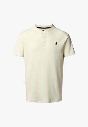 Lichtgele polo met korte mouwen, ribbeltextuur, drie knopen en een klein zwart logo-accent op de linkerkant van de borst.