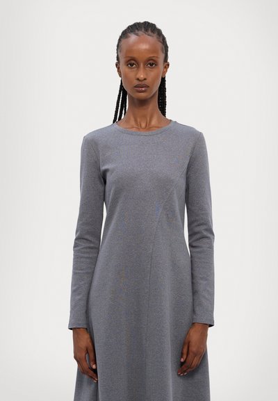 Gray long-sleeve dress with a round neckline, made of textured fabric, featuring a fitted bodice and flared skirt. Simple, minimalist design.