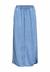 Jupe midi en denim, bleu clair, avec une taille élastique, des fentes sur les côtés et une coupe décontractée. Texture lisse avec des coutures verticales.