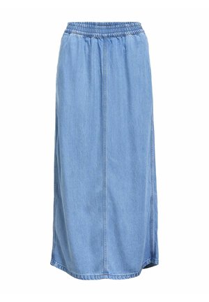 Denim midi seelik, helesinine, millel on elastne vöökoht, külgmised lõhikud ja mugav lõige. Sile tekstuur ja vertikaalsed õmblused.