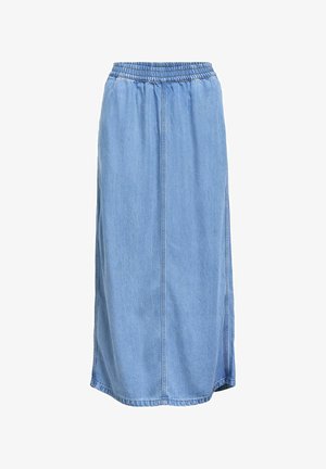 Jeans suknja midi, svijetloplava, ima elastičnu ušicu, bočne proreze i opušteni kroj. Glatka tekstura s vertikalnim šavovima.