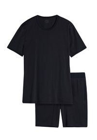 Schwarzes Baumwoll-T-Shirt mit rundem Ausschnitt und kurzen Ärmeln, kombiniert mit passenden Shorts mit elastischem Bund und seitlichen Taschen.