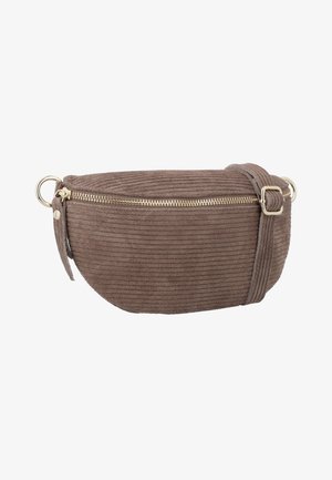 Borsa in tessuto ribbed marrone con zip dorata e tracolla regolabile con cinturino su sfondo bianco.