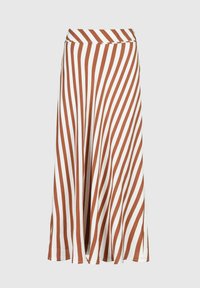 Jupe midi à rayures brunes et blanches, fabriquée en tissu doux, avec un design fluide et un panneau à la taille. Les rayures verticales créent un effet allongé.