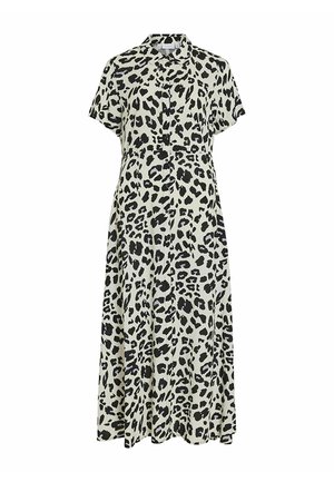 Rochie midi cu mânecă scurtă, pe un fundal deschis cu imprimeu leopard negru. Dispune de guler și închidere cu nasturi, având o croială lejeră.