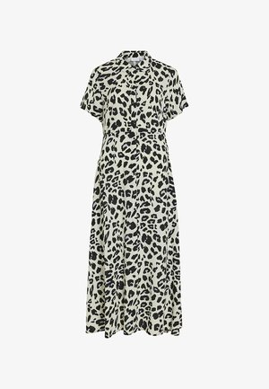 Lühikeste varrukatega midi kleit heledal taustal musta leopardimustriga. Omab kraed ja nööpidega esiosa, ning on lõdva lõikega.