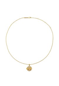 Gold metal necklace with a delicate chain and a round pendant featuring an intricately designed floral motif. Clasp closure included.