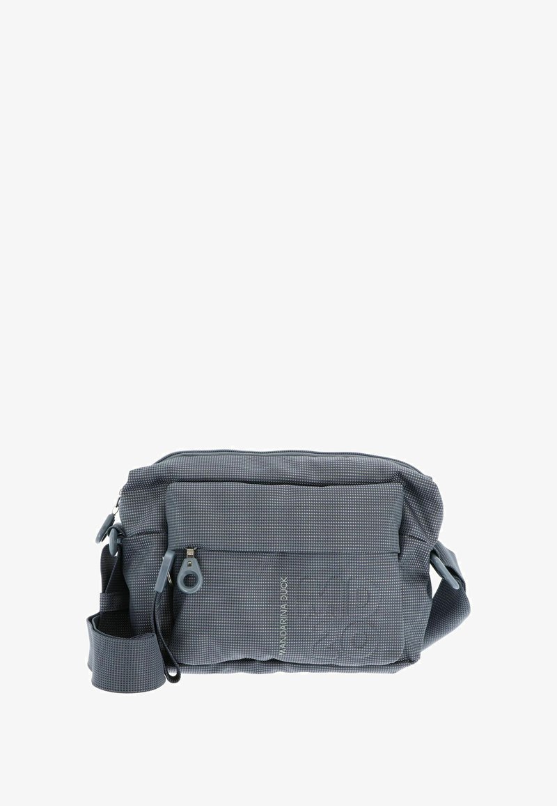 Grey, textured crossbody bag with zip closure, adjustable strap, and external pocket. Features subtle patterns and branding. Lightweight design.