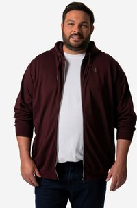 Burgundy zip-up hoodie with adjustable drawstring, ribbed cuffs, and a white t-shirt underneath. Model wearing dark jeans.