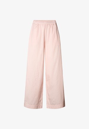 Jasnoróżowe spodnie o szerokich nogawkach wykonane z miękkiej tkaniny z pionowym paskowanym wzorem oraz elastycznym paskiem w talii dla wygody.