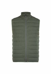 Olivgrön ärmlös väst med hög krage, quiltad struktur, framzipper och horisontella sömmar för ökad isolering.