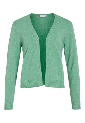 Grønn langermet cardigan med V-hals, åpen front, ribbede mansjetter og bunn. Laget av myk, strukturert strikket stoff.