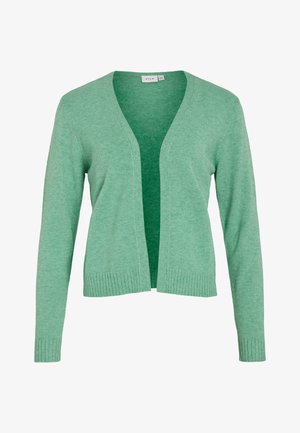 Zeleni kardigan z dolgimi rokavi, z V-izrezom, odprtim sprednjim delom, rebrastimi manšetami in robom. Narejen iz mehkega, teksturiranega pletenega materiala.