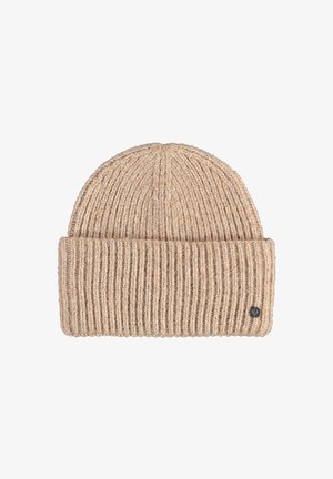Knit beanie in light beige, featuring a ribbed texture and folded cuff. Small black logo accent near the base.