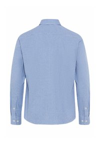 Blauw-witte klein geblokte lange mouwen shirt van achteren getoond met knoopmanchetten en een klassieke kraag.