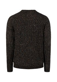 Gestrickter Pullover in dunklen Multifarbtönen. Er verfügt über eine gerippte Struktur, lange Ärmel und einen Rundhalsausschnitt. Keine sichtbaren Verschlüsse oder Muster.