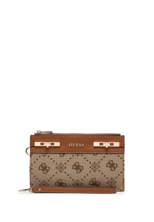 Polsino Guess marrone con tessuto a motivo, logo dorato, chiusura con zip e tracolla staccabile, progettato per trasportare piccoli oggetti essenziali.
